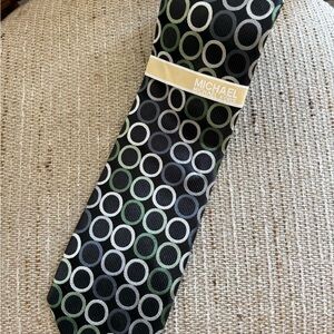 Michael Kors Silk Tie Black Green Silver Geometric Circles NWT